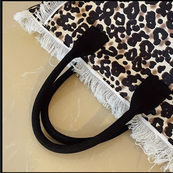 Leopard Print Tote Bag with Fringe - Picture 7 of 10